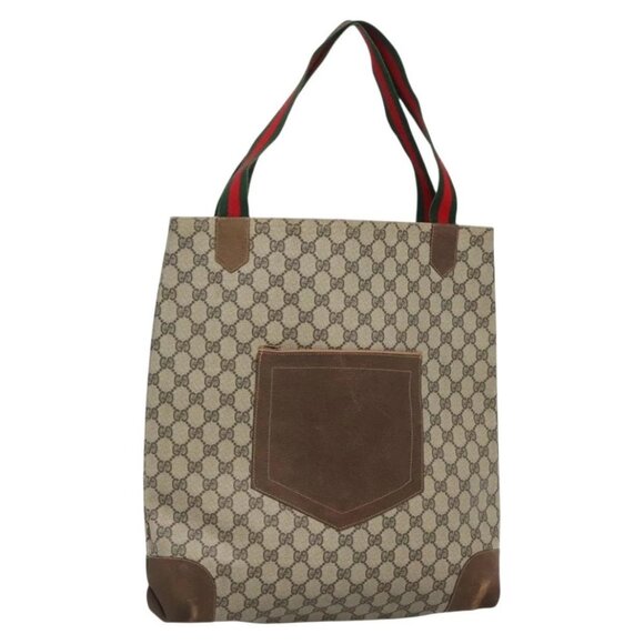 GUCCI GG Supreme Web Sherry Line Tote Bag PVC Beige Auth ep9399 - Picture 1 of 16